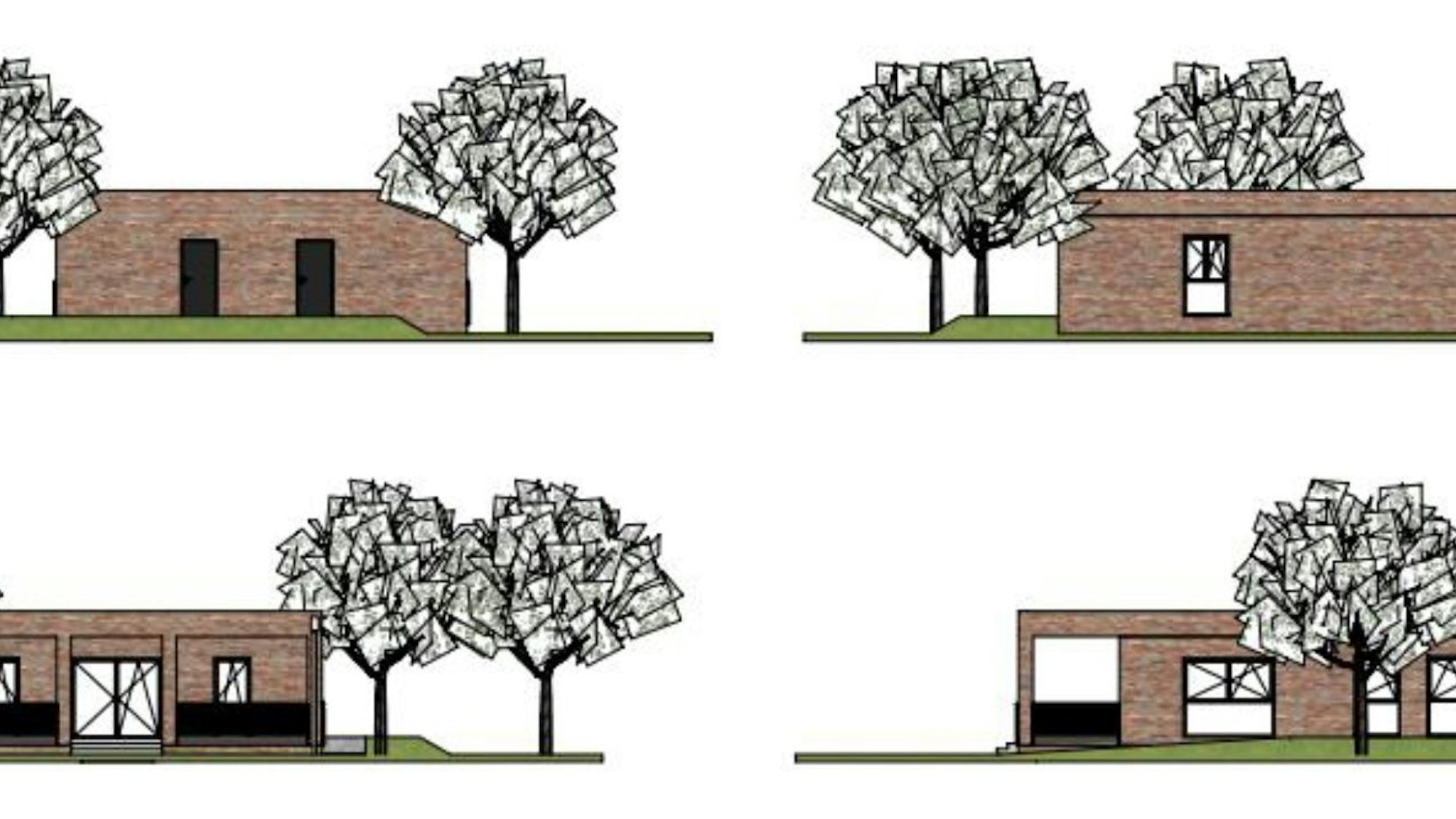 Die Skizze zeigt das geplante Dorfgemeinschaftshaus aus vier Perspektiven: Vor dem Klinkerbau befindet sich eine Veranda.