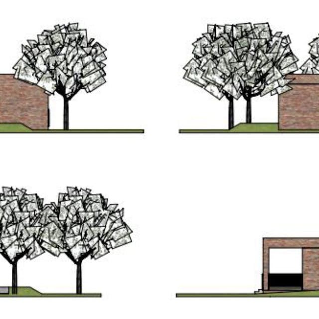 Die Skizze zeigt das geplante Dorfgemeinschaftshaus aus vier Perspektiven: Vor dem Klinkerbau befindet sich eine Veranda.&nbsp;