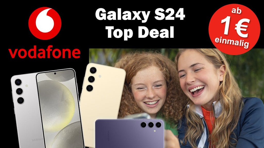 Zwei junge Frauen blicken lachend auf ein Smartphone. Die Smartphones Samsung Galaxy S24, S24+ und S24 Ultra in verschiedenen Farben mit Vodafone Logo im Bild.