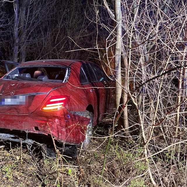 Ein rotes Auto steht zwischen Bäumen und Sträuchern. Der Wagen hat erhebliche Schäden und kaputte Scheiben.