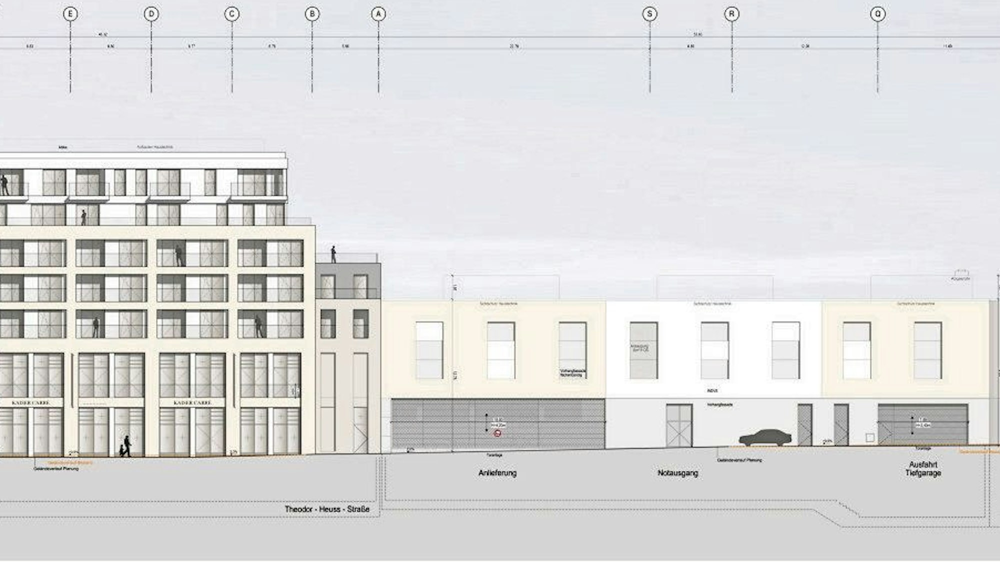 Planungszeichnung für ein siebenstöckiges Wohn- und Geschäftshaus mit einem langgezogenen Anbau