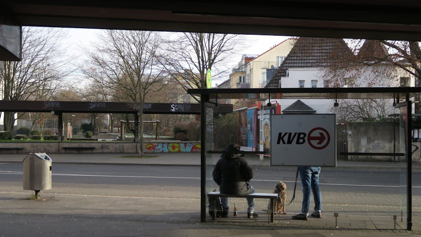 An einer Bushaltestelle warten zwei Fahrgäste, einer hat einen Hund dabei.