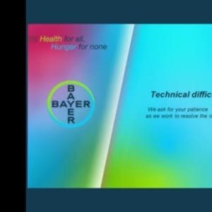 Bildschirmfoto der Videokonferenz zu Bayer Bilanz für 2023. Eingeblendet ist der Vorstand und die Nachricht „Technical difficulties“