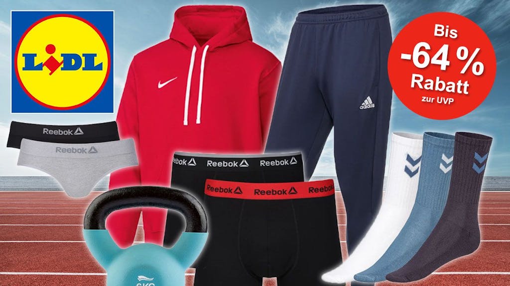 Reebok, Adidas, Hummel und Nike Kleidung vor einem Sportplatz im Hintergrund, dazu das Lidl Logo.