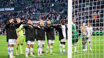 Borussia-Spieler feiern vor der Kurve.
