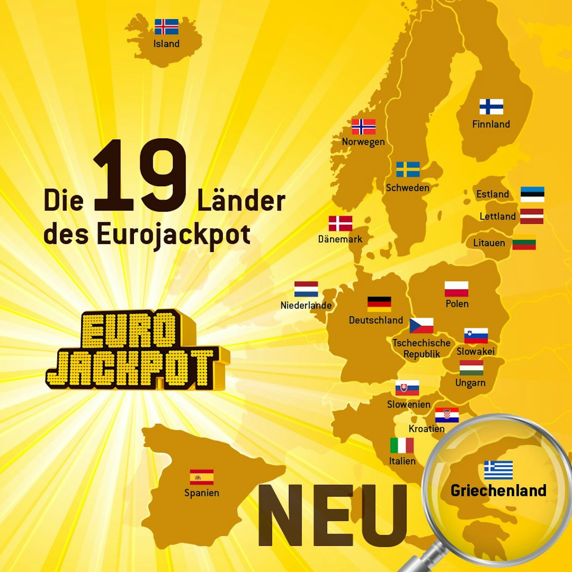 Die 19 Teilnahme-Länder des Eurojackpot auf einer Karte.