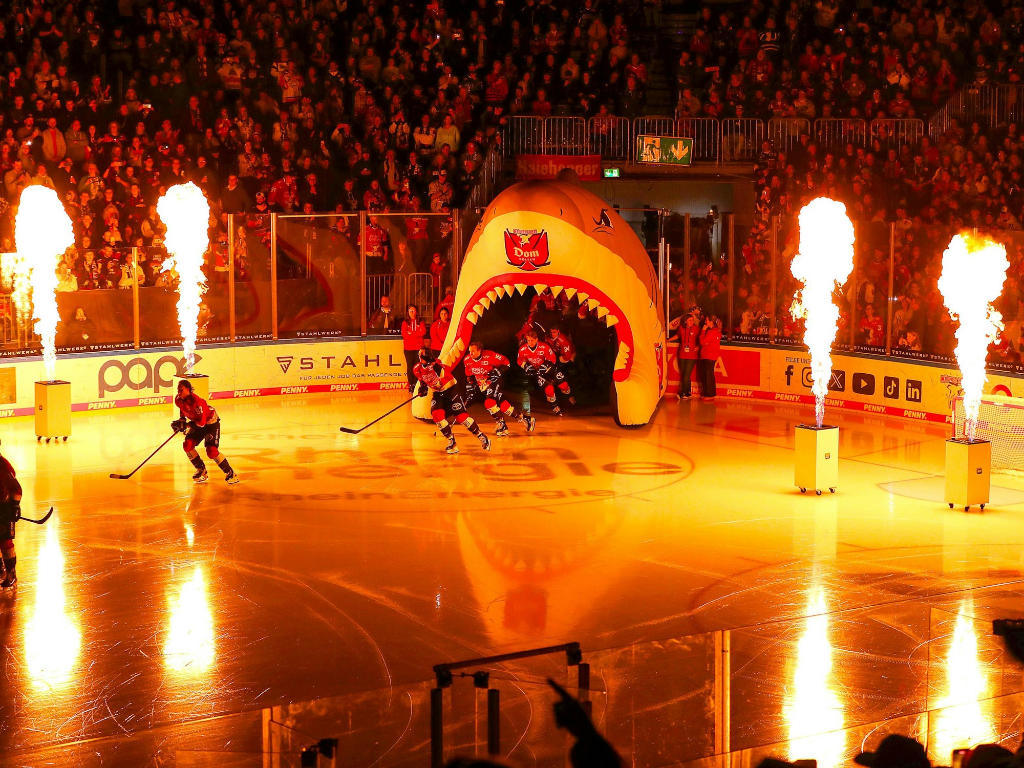 Die Mannschaft der Kölner Haie läuft durch einen aufgeblasenen Haikopf in die LANXESS Arena ein.