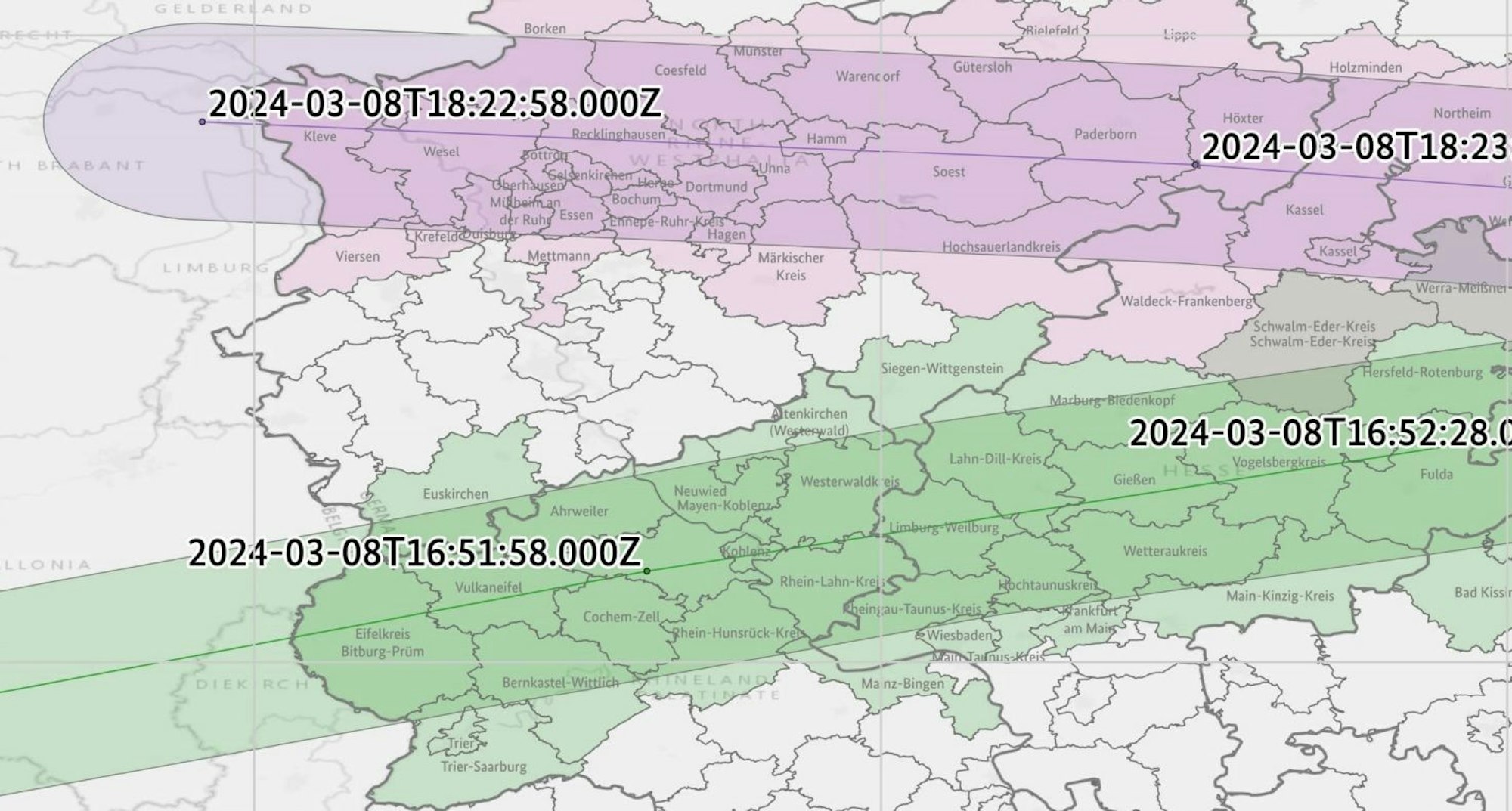Die Karte zeigt die berechneten Flugbahnen, die der Weltraumschrott von der ISS am Freitag nehmen wird. Auch der südliche Teil des Kreises Euskirchen und das Ruhrgebiet werden gestreift.