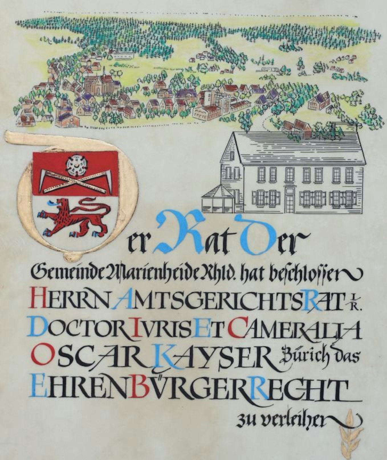 Mit dieser handgezeichneten Urkunde verlieh die Gemeinde Marienheide Dr. Oscar Kayser 1959 den Ehrenbürgertitel.