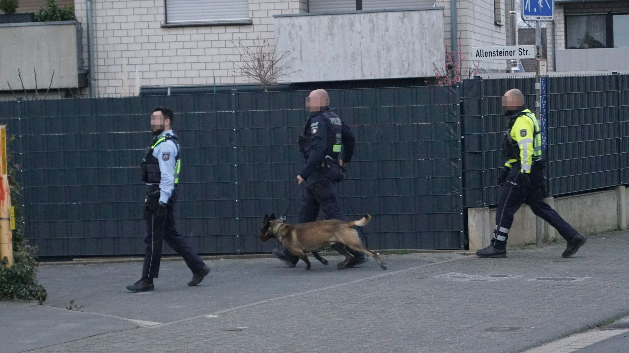 Drei Polizisten suchen in Zülpich nach dem Mann. Einer der Beamten führt einen Diensthund an der Leine.