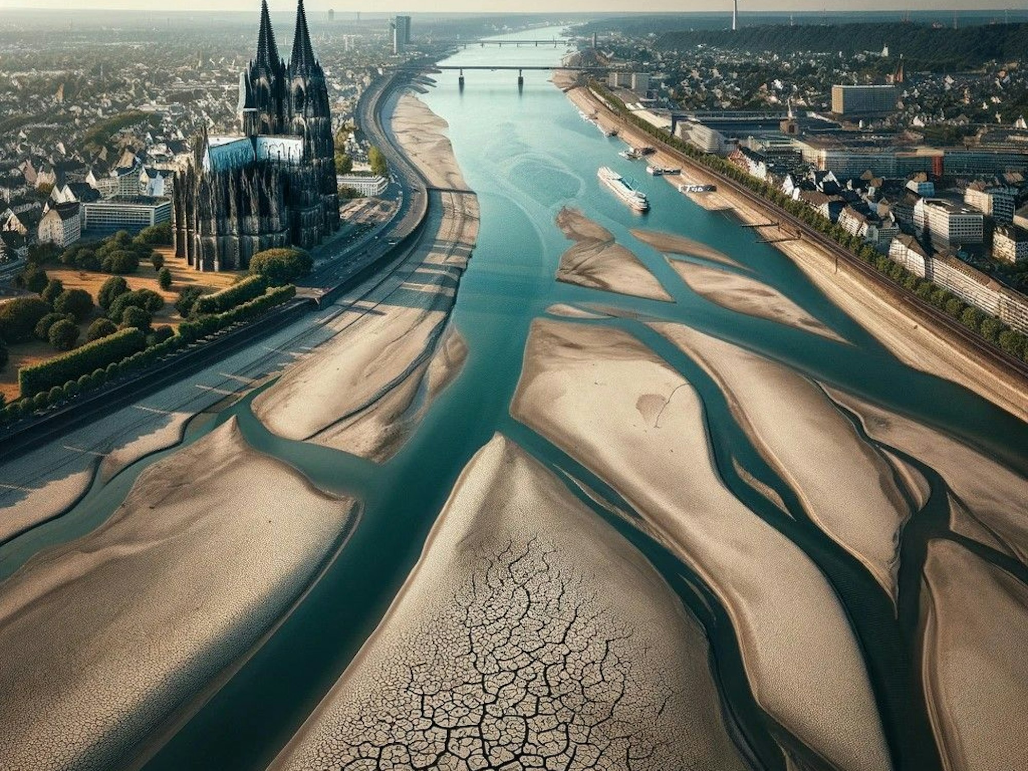 Das maschinell erstellte Bild von ChatGPT zeigt den Rhein bei Köln bei extremer Trockenheit.