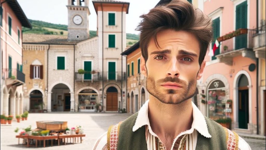 Auf unserem von einer Künstlichen Intelligenz erstellten Bild ist eine Person zu sehen, die traurig vor einer typisch italienischen Dorf-Kulisse steht