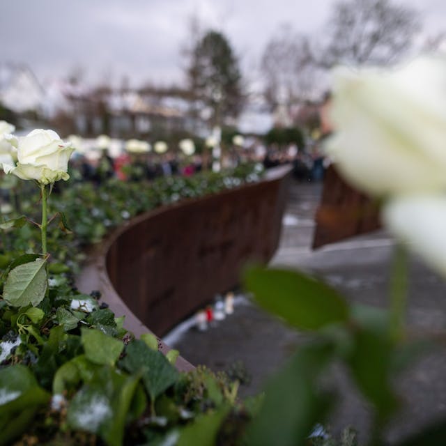 Rosen stehen während der Gedenkfeier zum 10. Jahrestag des Amoklaufs von Winnenden auf dem ‚Gebrochenen Ring‘, der an die Opfer erinnert. (Archivbild)