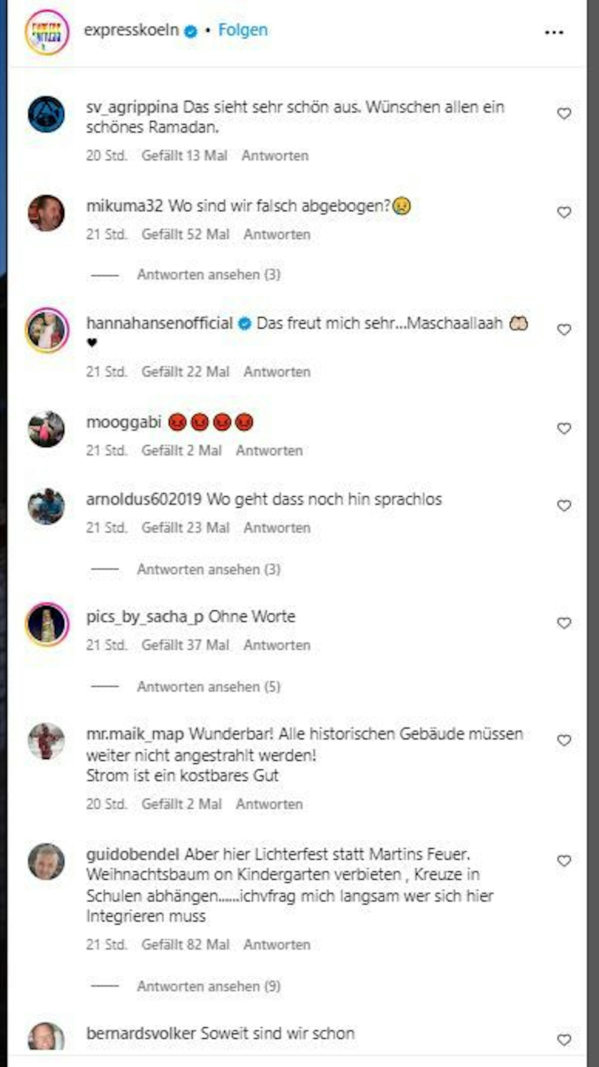 Ein Ausschnitt der Kommentare unter einem Instagram-Beitrag von EXPRESS.de, der über die Ramadan-Beleuchtung in der Venloer Straße berichtet.