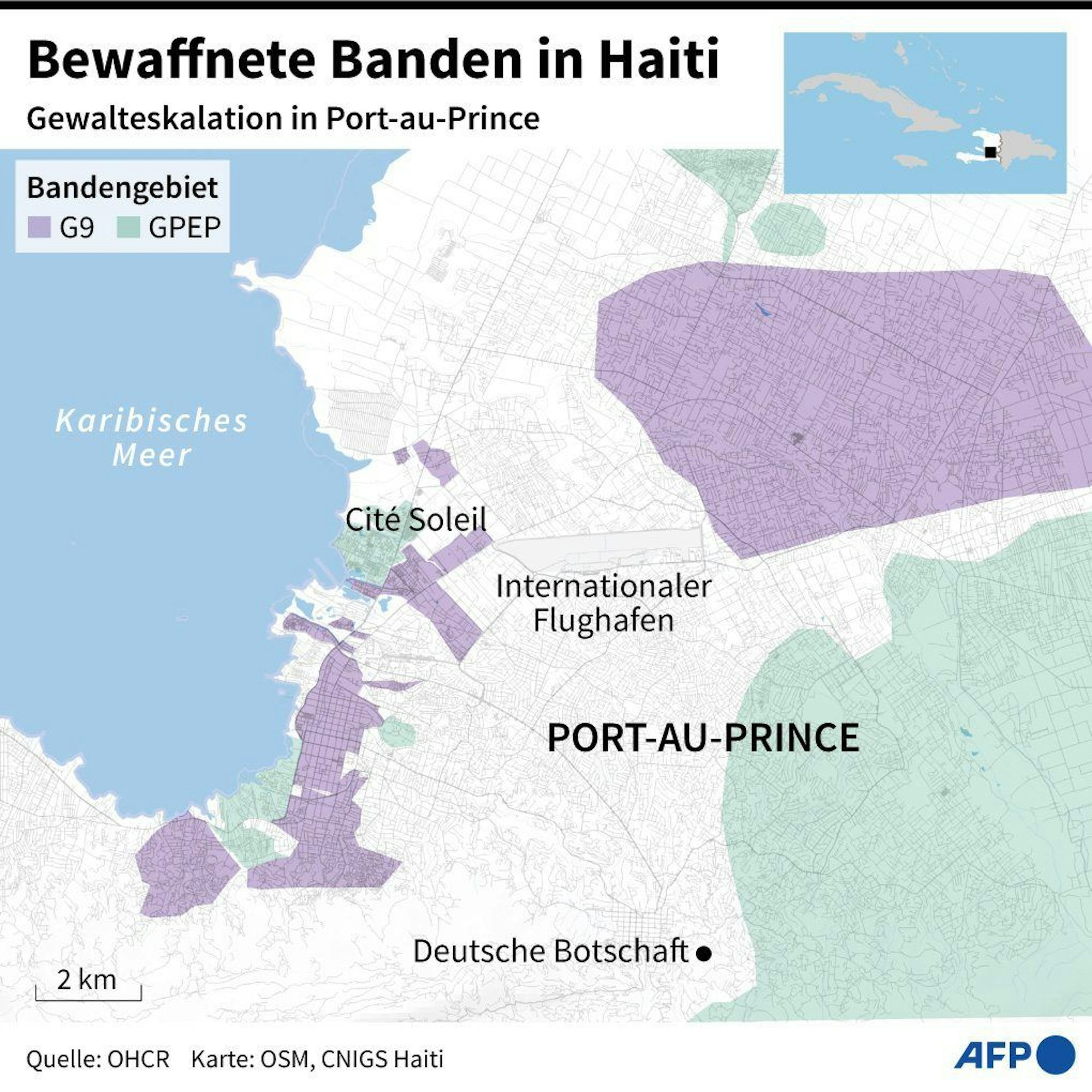 Bandengebiete in Port-au-Prince und Lage der deutschen Botschaft.