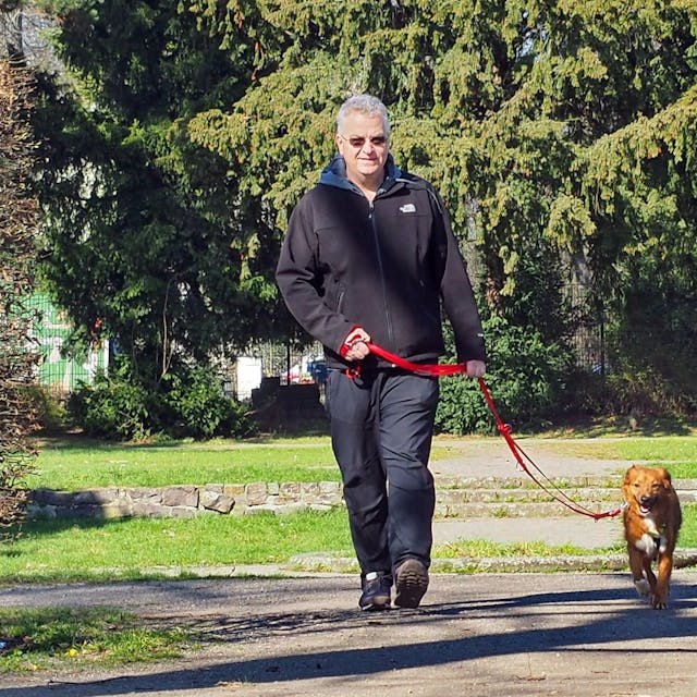 Ein Mann geht mit seinem Hund in einem Park spazieren.