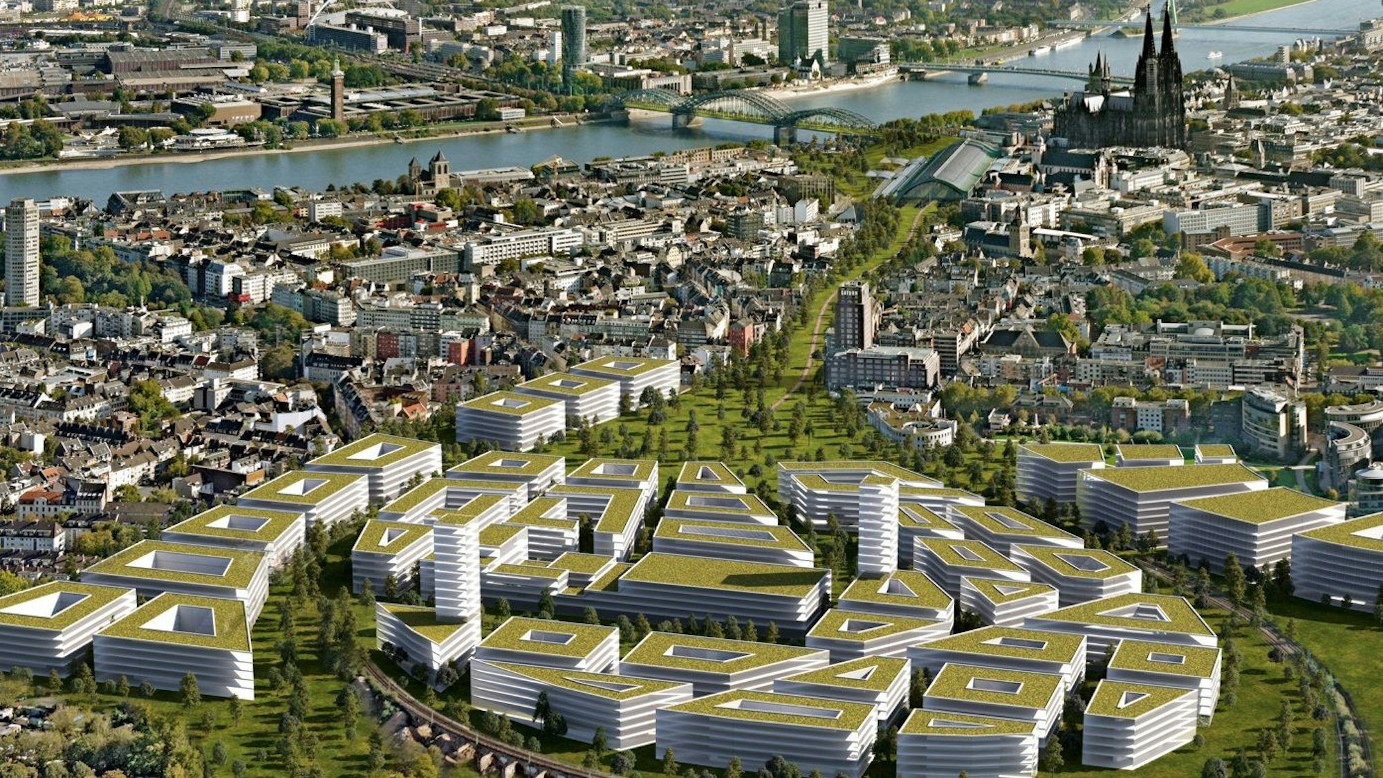 Die Vision Neue Mitte Köln: Der Hauptbahnhof am Dom wird zur Veranstaltungshalle, das Gleisbett wird zur begrünten Fahrradstrecke und auf dem Areal des DB-Betriebsbahnhofs soll eine Parkstadt Nord entstehen. Der Nahverkehr verläuft unterirdisch