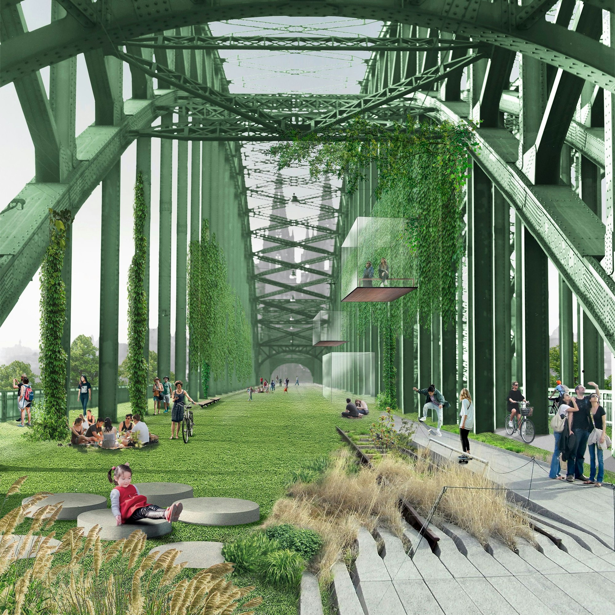 Die Hohenzollernbrücke als Grünfläche und Rad- und Fußweg zum Kölner Dom.