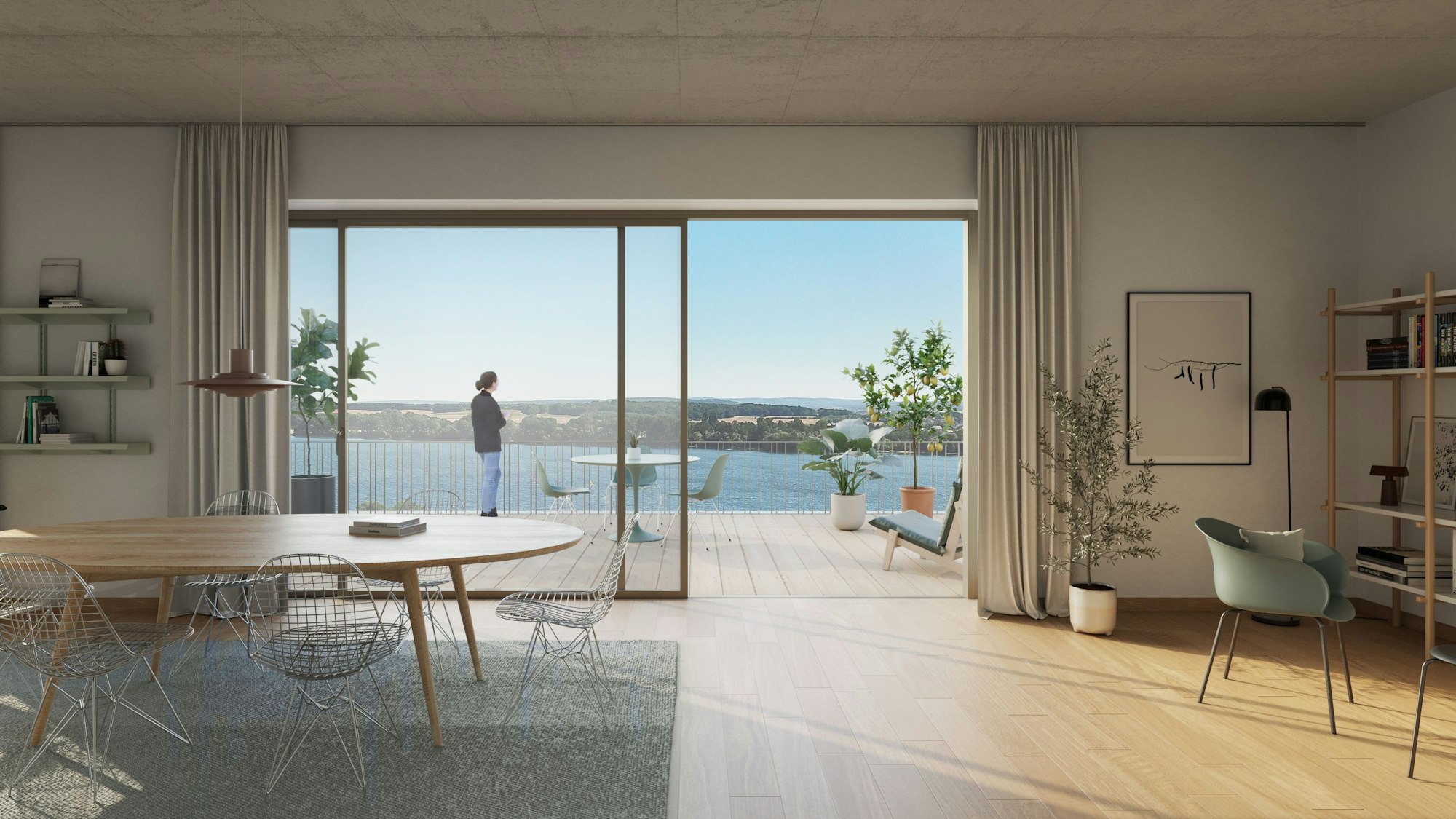 Eine Visualisierung zeigt eine Wohnung, von deren Balkon aus man direkt auf die Wasserfläche es Zülpichers Sees blickt.