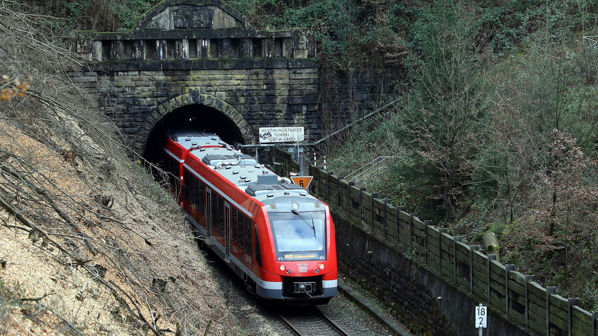 Eine Regionalbahn fährt aus dem Portal des Hoffnungsthaler Tunnels zwischen Hoffnungsthal und Honrath.