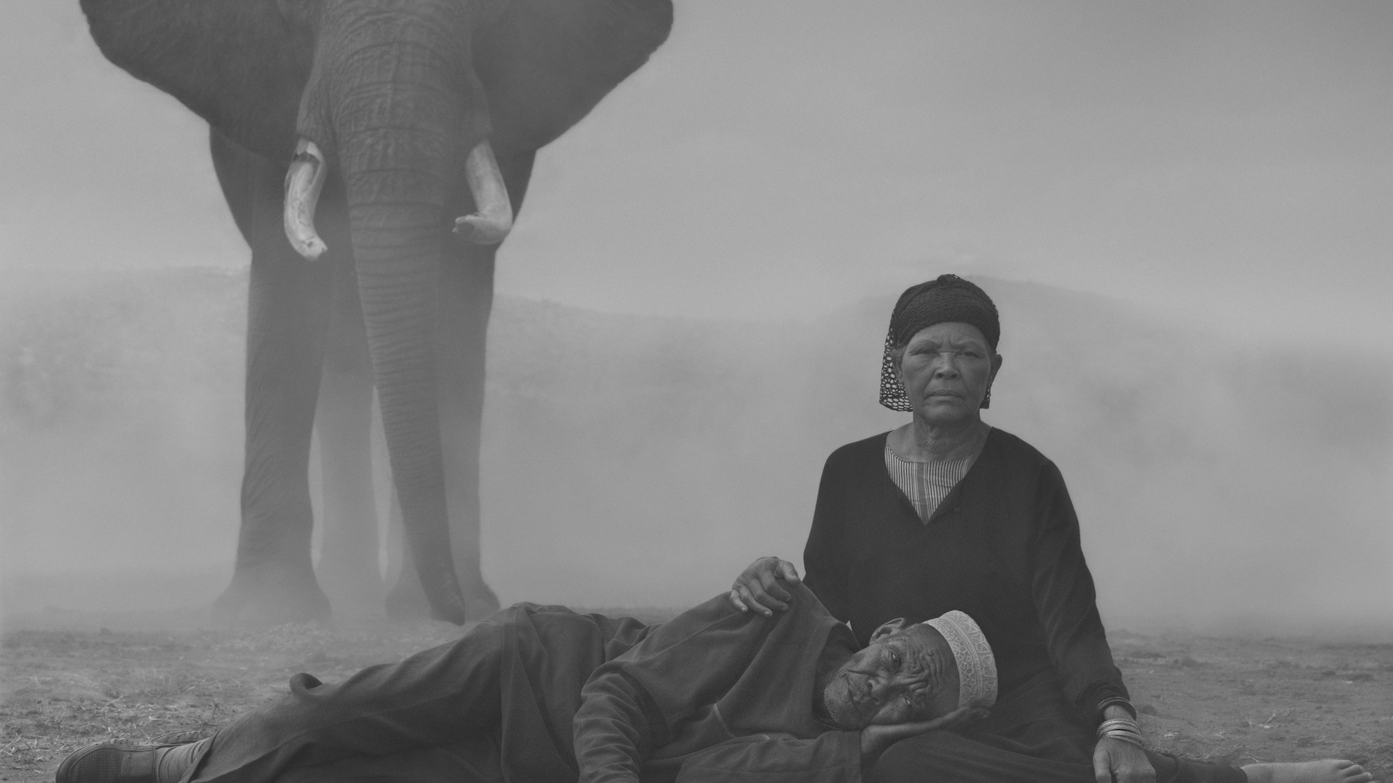 Ein Elefant und zwei Menschen im Nebel der Savanne