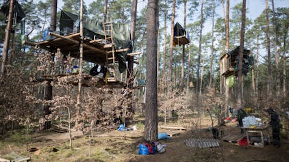 Baumhäuser hängen in einem Camp der Initiative „Tesla stoppen“ in einem Kiefernwald nahe der Tesla-Gigafactory Berlin-Brandenburg.