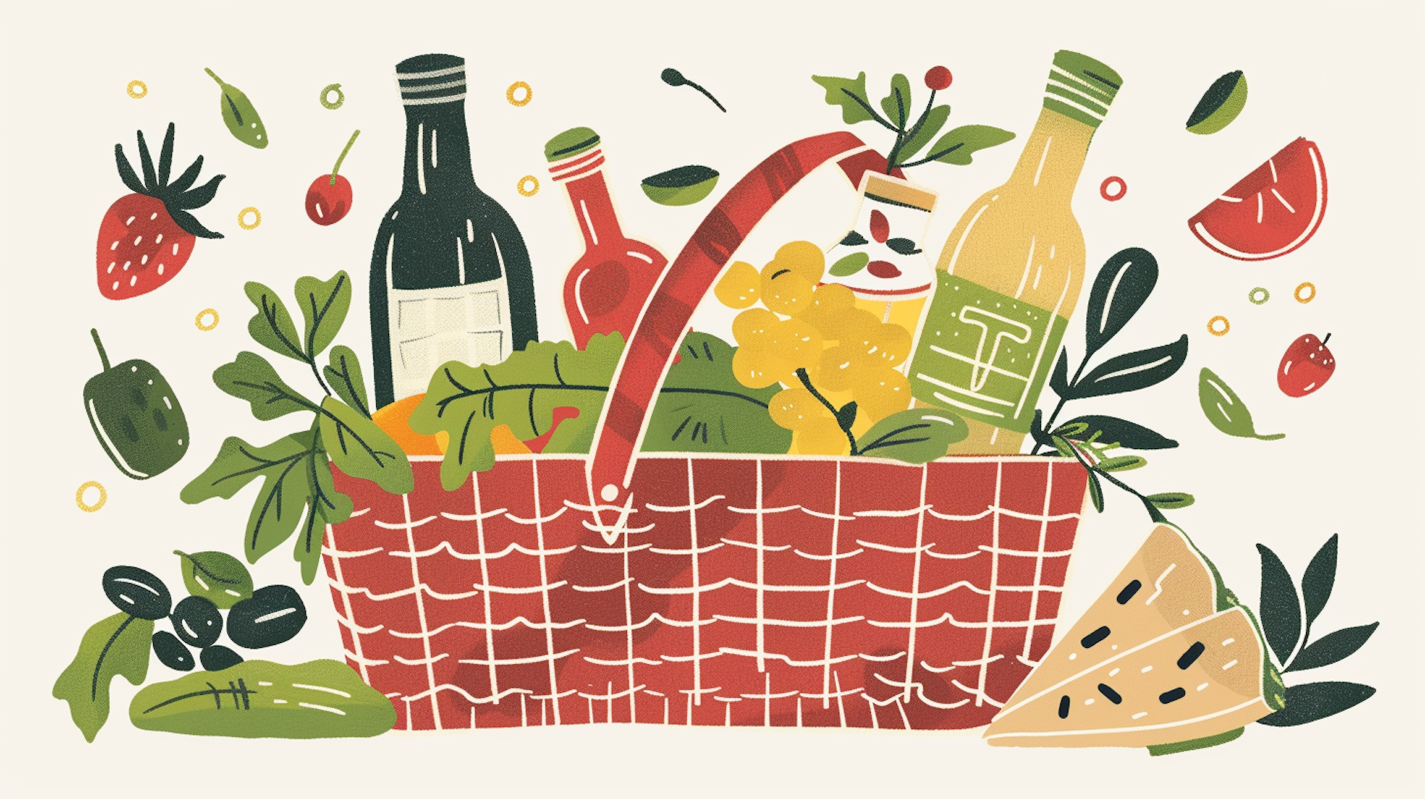 Illustration; Korb mit Obst, Gemüse und Saft