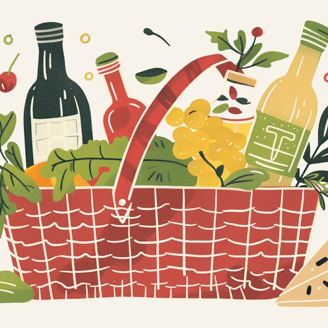 Illustration; Korb mit Obst, Gemüse und Saft