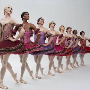 Auf dem Bild sind acht Männer in Balletkleidern zusehen.