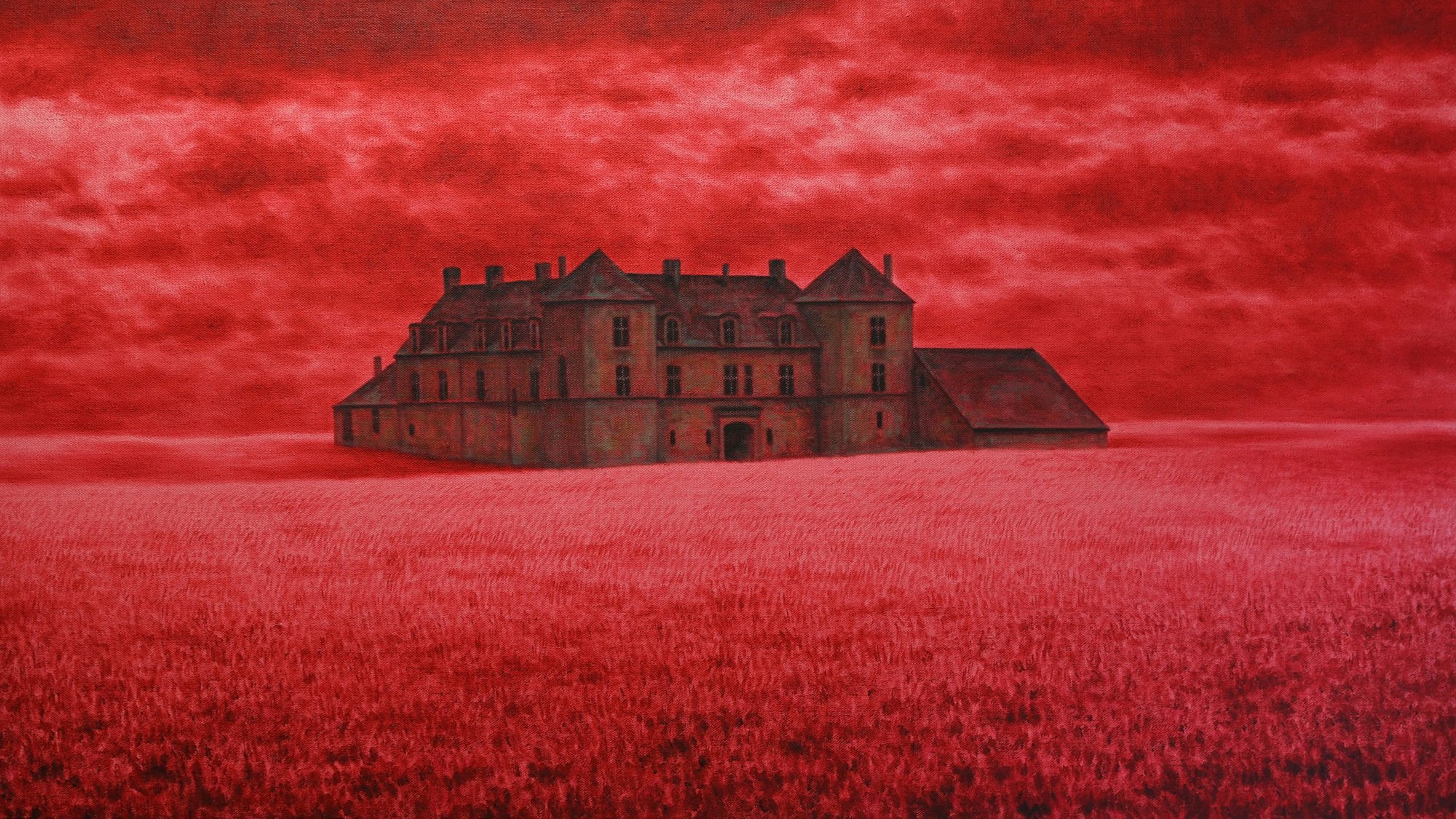 Das Foto zeigt das vor allem in Rottönen gehaltene Bild„Château Tharsis“ von Andreas M. Wiese, das in einer Ausstellung in der Galerie Lethert in Bad Münstereifel zu sehen ist. 