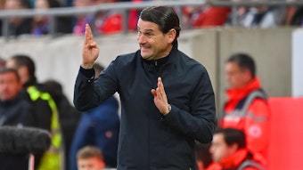 Trainer von Borussia Mönchengladbach gestikuliert in der Coaching-Zone.