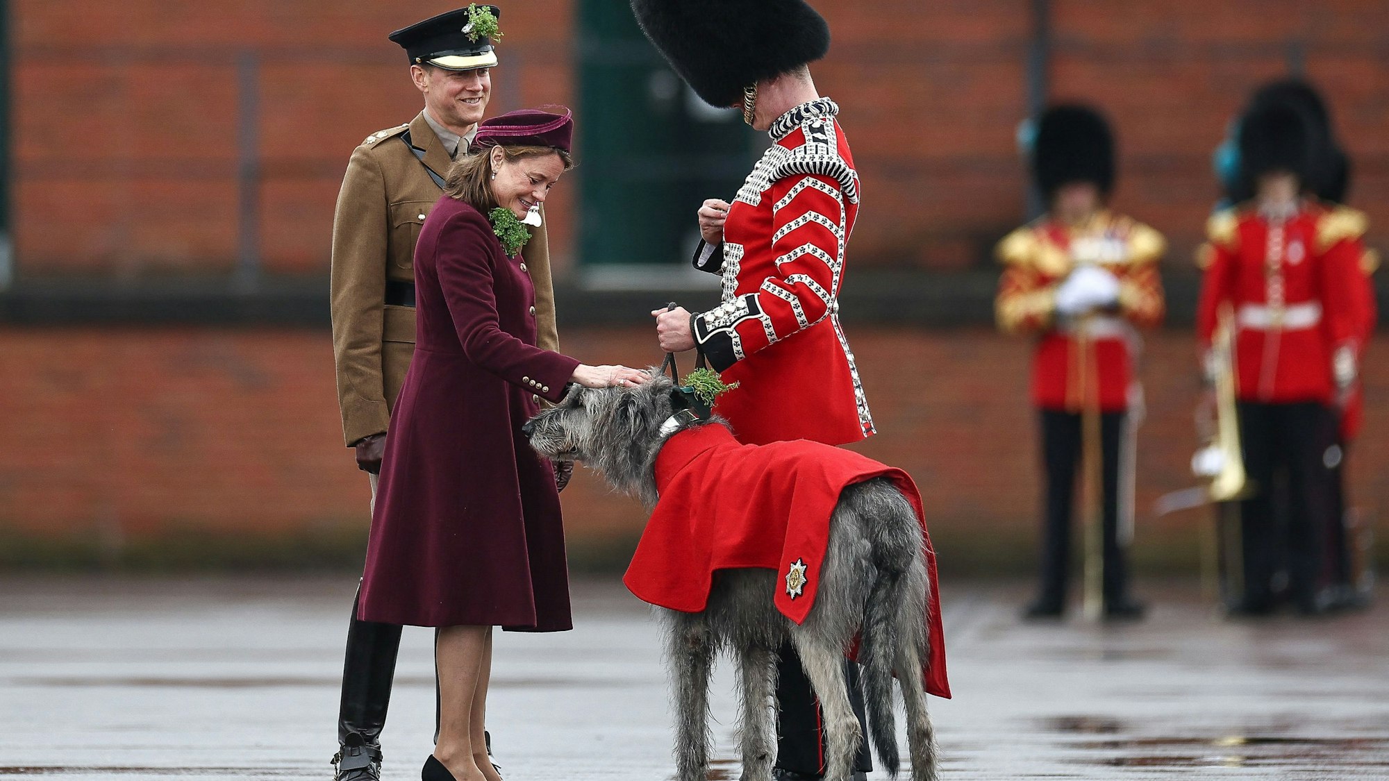 Lady Ghika begrüßt das Maskottchen der Irish Guards, den irischen Wolfshund Seamus.