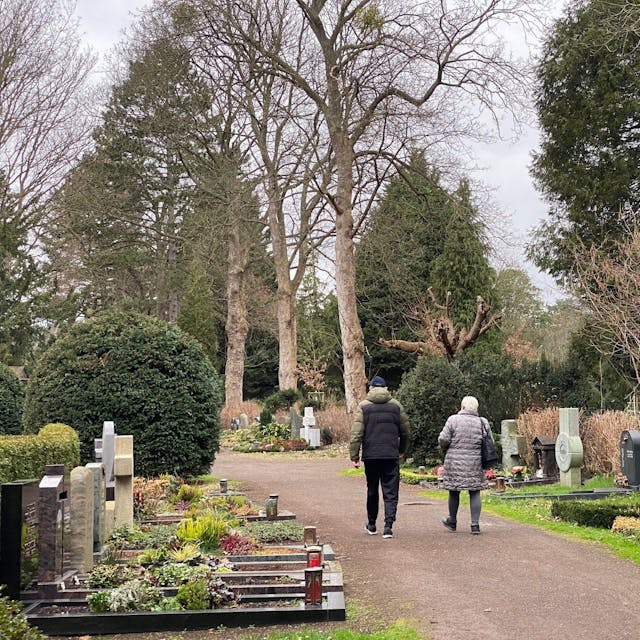 Zu sehen ist der Brühler Südfriedhof mit Grabstätten und zwei Besuchern.