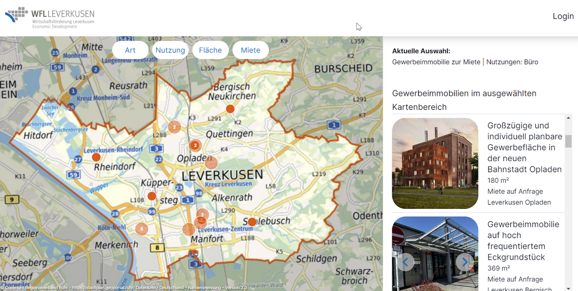 erfügbare Immobilien werden im neuen Standortportal der Wirtschaftsförderung Leverkusen auf der Karte und im Bild angezeigt.