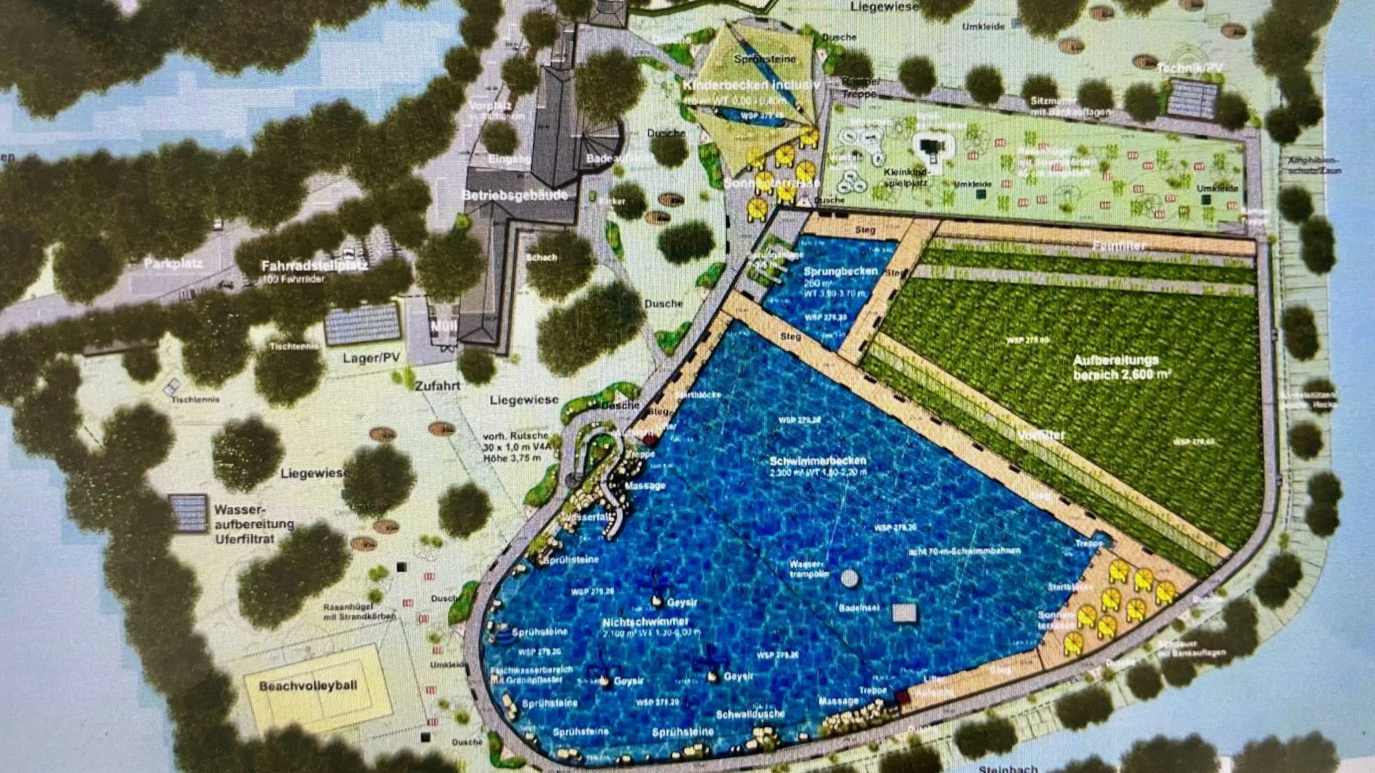 Die Zeichnung zeigt die geplante Aufteilung für das künftige Waldfreibad. Der Schwimmerbereich ist kleiner als bisher, dafür ist Platz für ein neues Nichtschwimmerbecken und die biologische Aufbereitungszone.