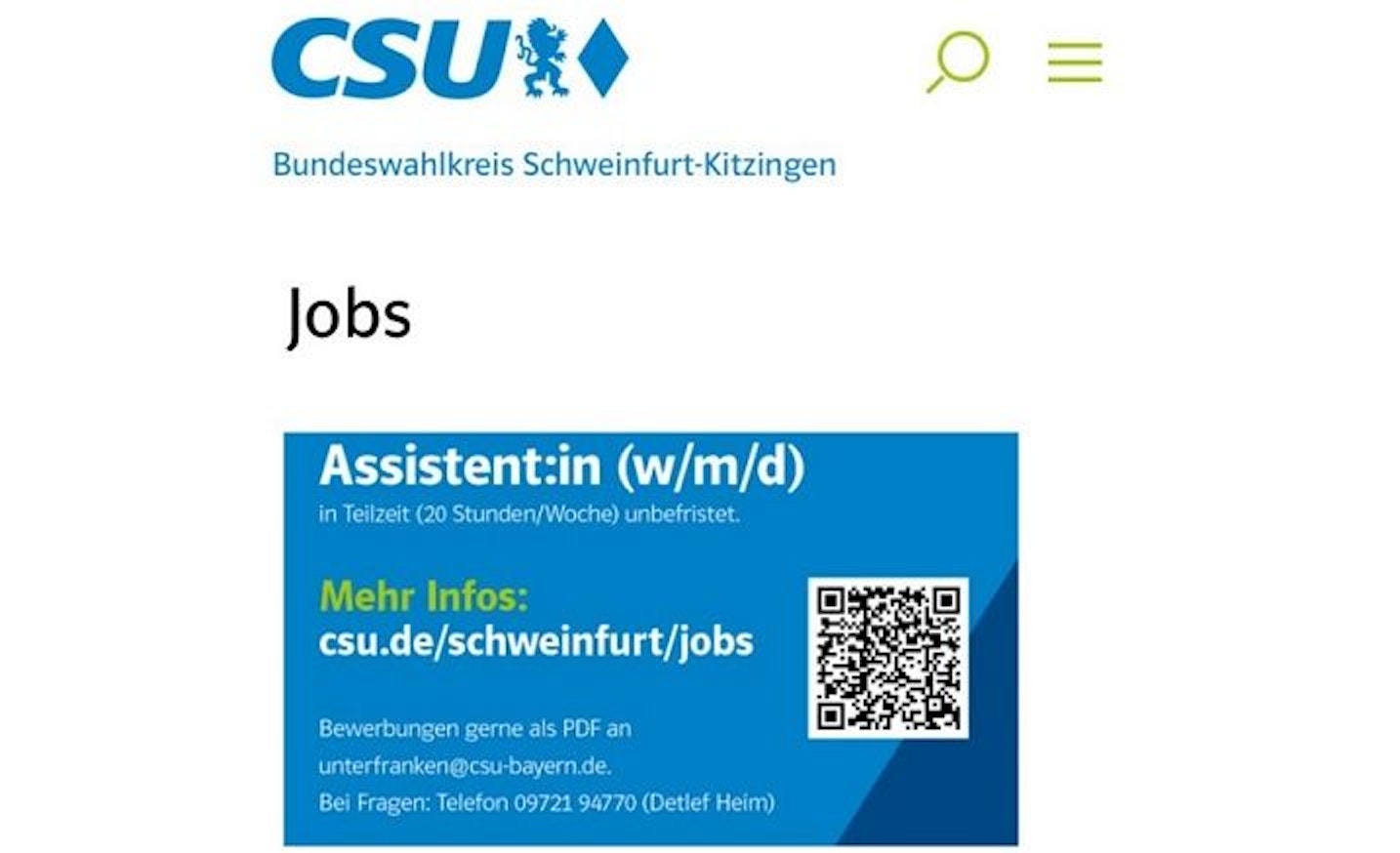So suchte die CSU Unterfranken nach einer „Assistent:in (w/m/d)“ – mittlerweile wurde die Stellenanzeige gelöscht.