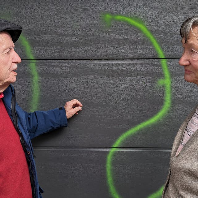 Peter und Rosemarie Leister aus Bad Münstereifel-Mahlberg stehen fassungslos vor ihrem Garagentor, das mit grüner Signalfarbe beschmiert worden ist.