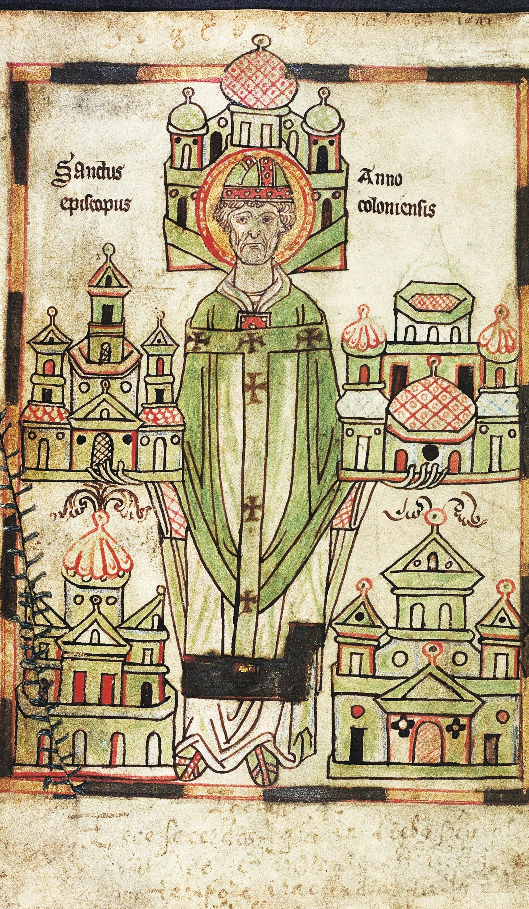 Die Federzeichnung von Erzbischof Anno II aus der Handschrift Vita Annonis minor zeigt den Bischof mit Modellen der von ihm gegründeten Kirchen und Klöster