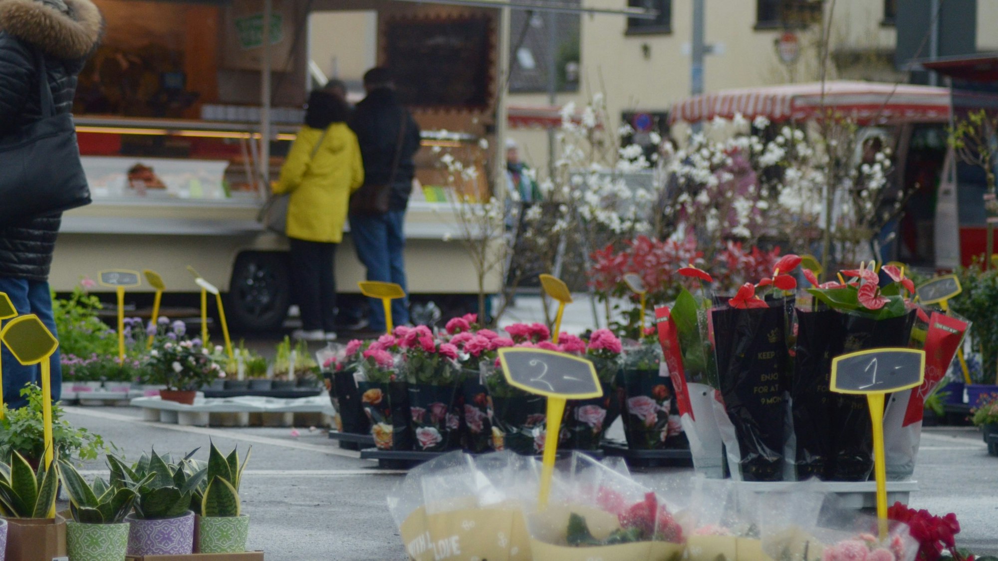 Im Vordergrund sind Blumen zu sehen, dahinter ein Verkaufsstand, an dem eine Kundin und ein Kunde stehen.