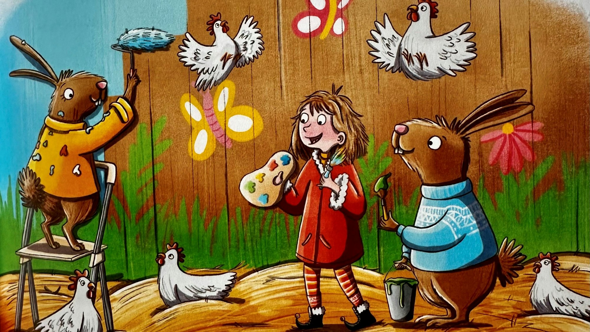 Eine Bilderbuchillustration. Hasen und ein Mädchen bemalen die Wände eines Hühnerstalls, weiße Hühner flattern herum.