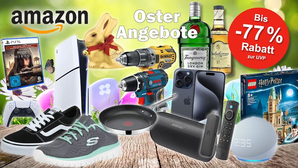 Produkte wie Armbanduhr, Teller oder Lautsprecher in den Amazon Oster-Angeboten vor einem orangenen Hintergrund.