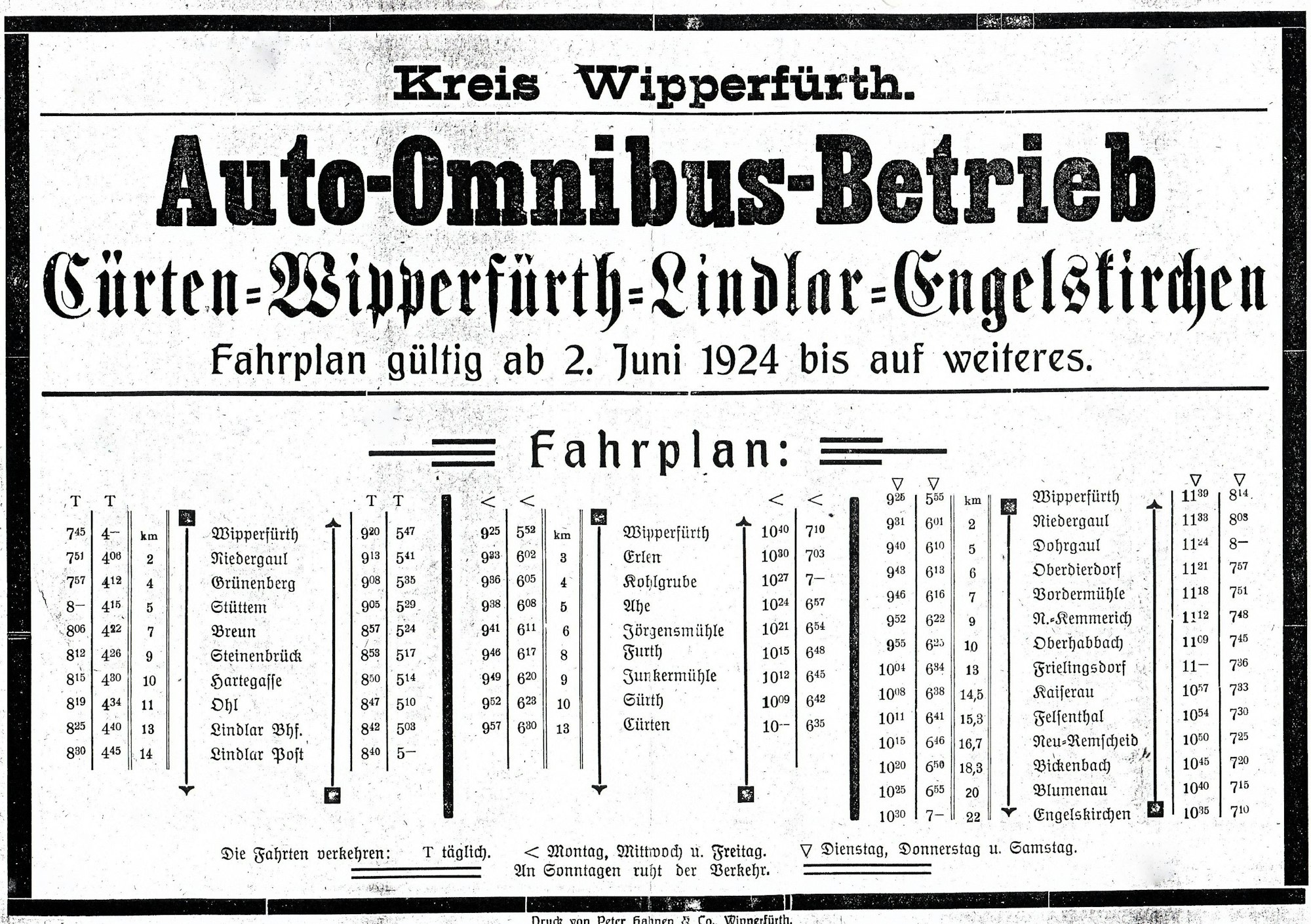 Der erste Fahrplan, gültig ab dem 2. Juni 1924.
