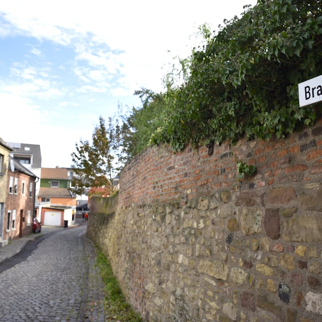 Das Bild zeigt die Brauersgasse. Links stehen Häuser, rechts befindet sich die Stadtmauer.