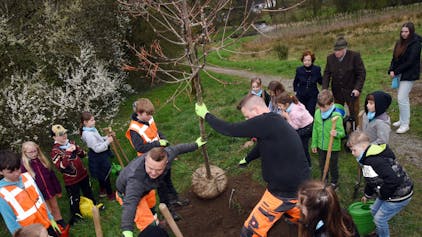 Zwei Männer und viele Kinder pflanzen einen Baum ein.