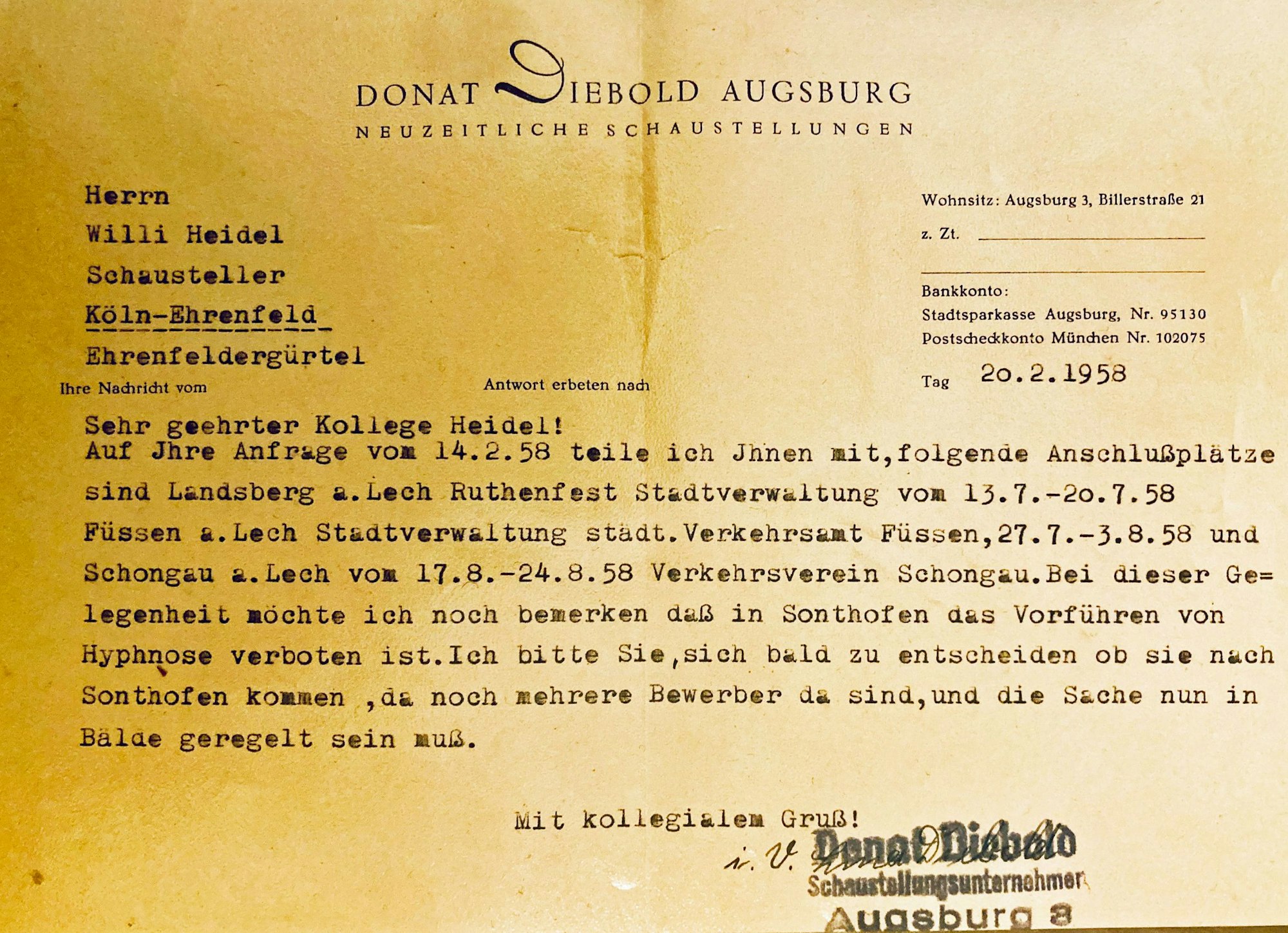 Der Brief enthält Informationen zu Jahrmärkten in Bayern im Jahr 1958.