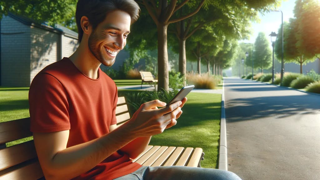 Eine Person sitzt auf einer Bank im Sonnenschein und schaut auf ihr Handy.
