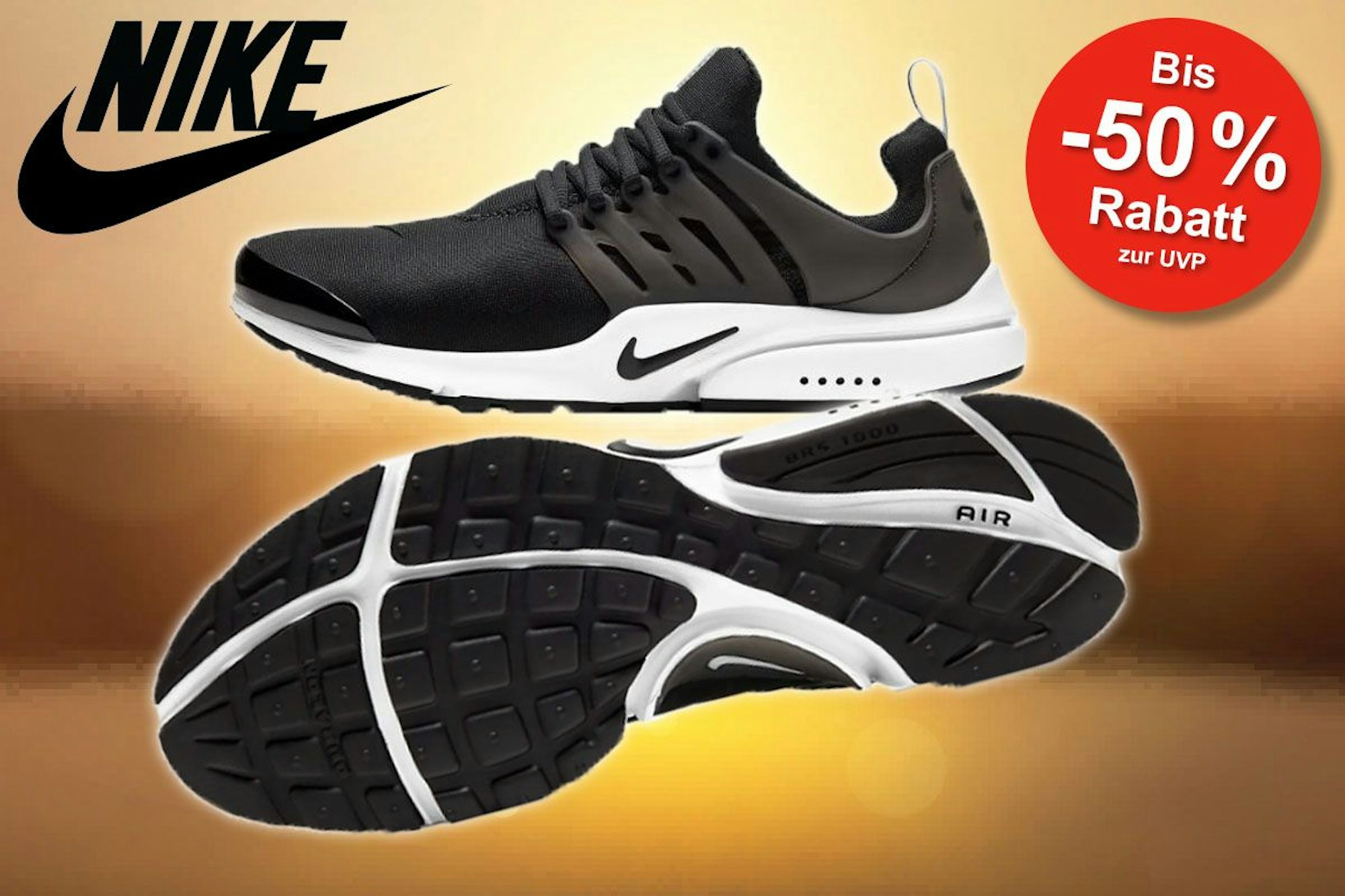 Nike Air Presto Sneaker in Farbe Schwarz-Weiß gezeigt von der Seite und von unten.