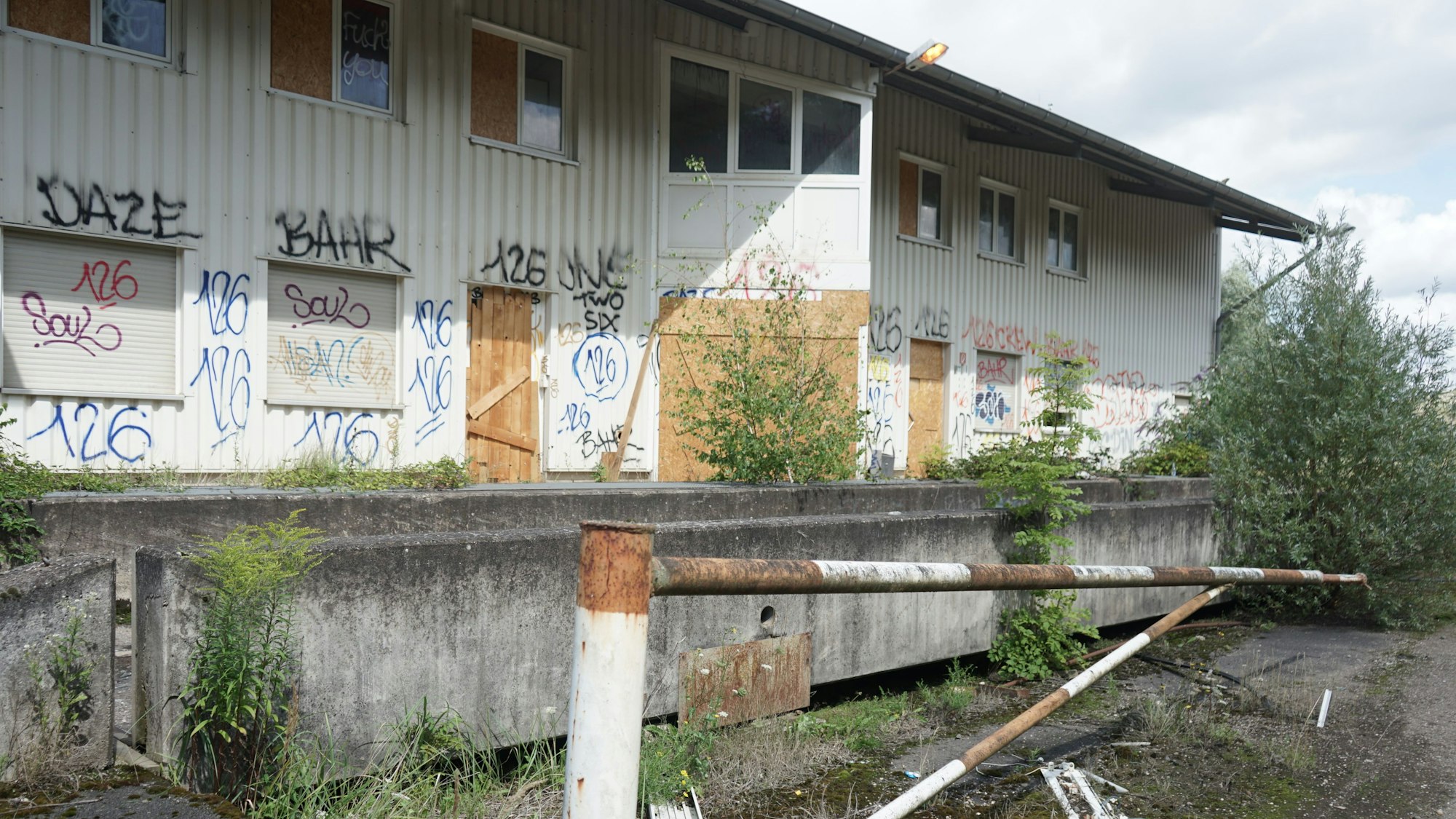 Ein mit Graffiti bemaltes und mit Pflanzen überwuchertes Gebäude auf dem Gelände der Grube Winter.
