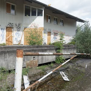 Ein mit Graffiti bemaltes und mit Pflanzen überwuchertes Gebäude auf dem Gelände der Grube Winter.