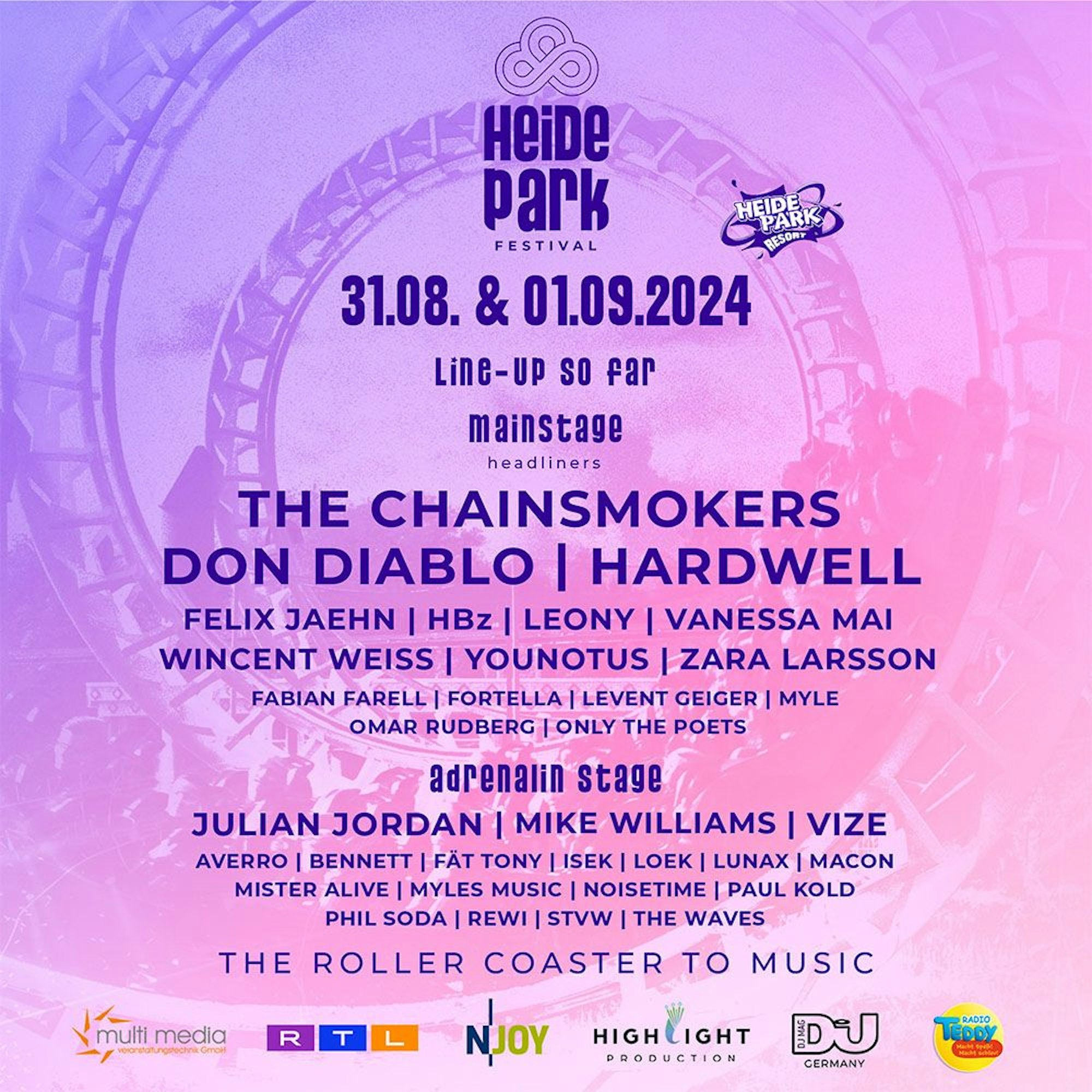 Line Up der Künstler beim Heide Park Festival 2024 am 31. August und 1. September.